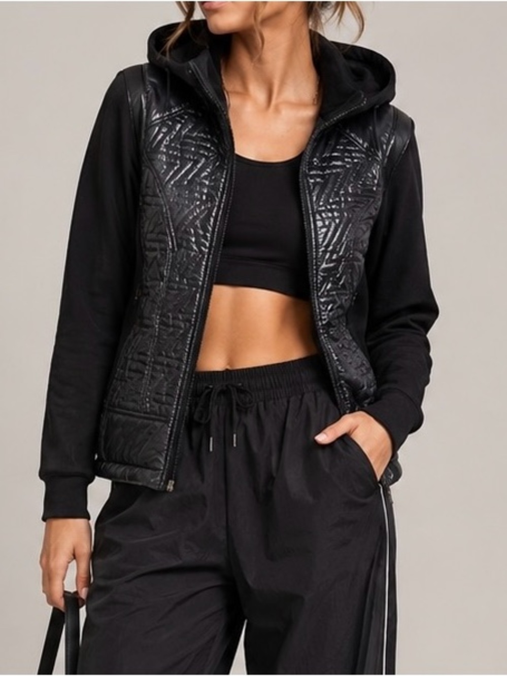 Zella Black Quilted Hooded Bomber Jacket
